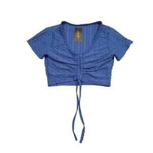 J&W Ruched Front Crop Top Womens L/XL Blue Honeycomb Bubble Texture V-Neck